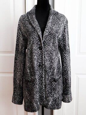 Damask Merino Wool & Cotton Long Cardigan Sweater Black & Gray Animal Print XL